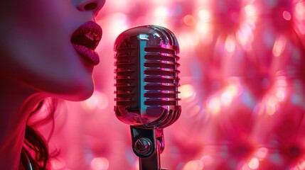 Beautiful young woman with microphone singing on pink background.Generative AI
