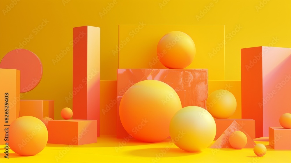 Poster 3d rendering. geometric shapes. balls and blocks. abstract composition.