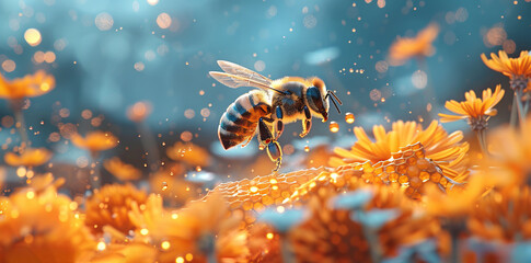 Bee on flowers with honeycomb and bees in closeup. Beautiful background of nature, natural organic concept for cosmetic or beauty product advertising. Digital illustration. banner with copy space