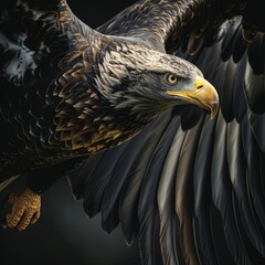 A bald eagle is flying in the sky. The eagle has its wings spread out and its talons are out. The eagle's head is turned to the side and its beak is open.
