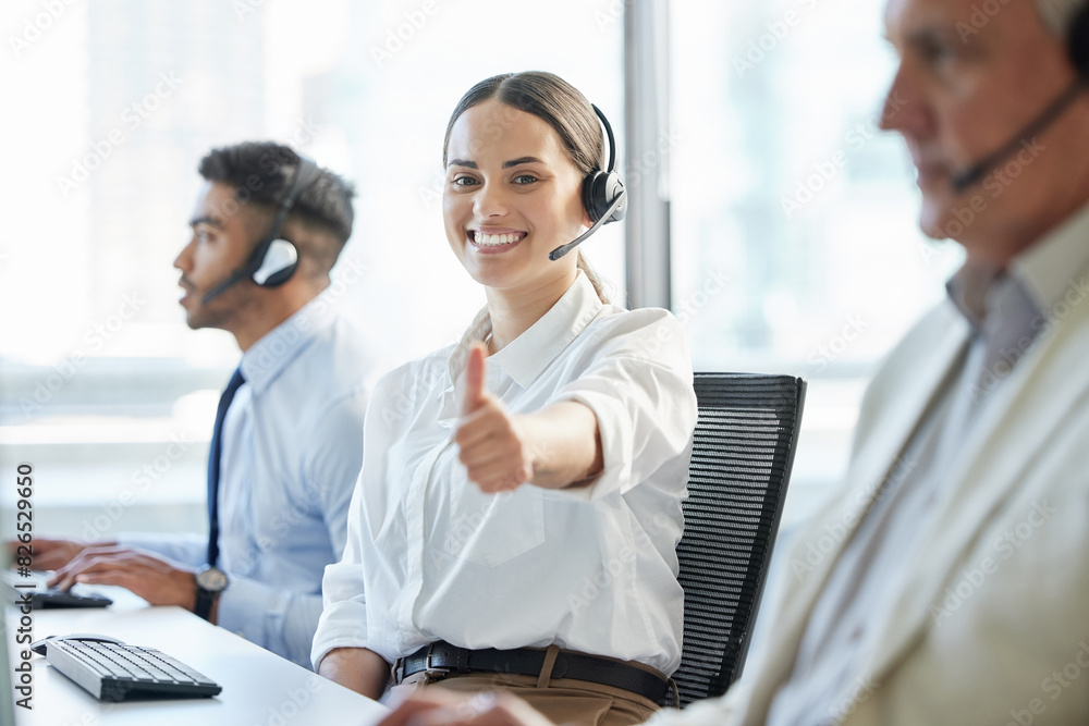 Poster Woman, portrait and happy with thumbs up in call center office with telemarketing for consulting with smile. Customer service, team and helpful crm or tech support agents in online retail company.