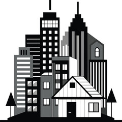 Black and white houses. Stylish high-rise buildings. on white background