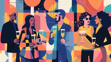 Abstract flat vector art, people at a social event with wine and cocktails, geometric shapes, bold colors,