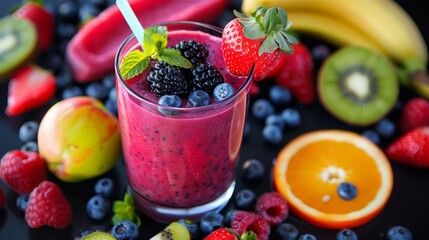 Fresh fruit smoothie in a glass, surrounded by colorful berries and slices.