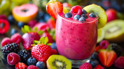 Fresh fruit smoothie in a glass, surrounded by colorful berries and slices.