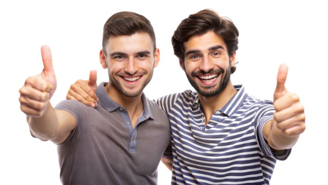 Thumbs Up Friends – Close Portrait: Two friends showing thumbs up, isolated on a white background.
