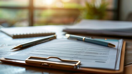 Closeup of a clipboard with documents, detailed paper and clip, office background, high resolution, professional paperwork, stock photography