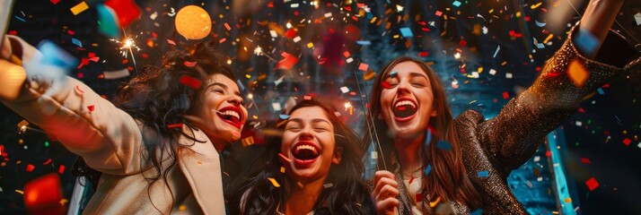 A group of people standing together, cheering and laughing, holding sparklers amidst falling confetti - Powered by Adobe