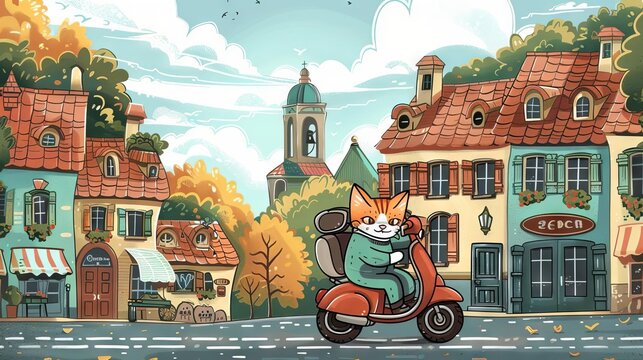 A cat riding a scooter through a European-style town.