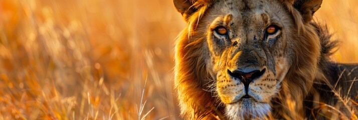 A closeup of a powerful lion surrounded by tall grass in its natural habitat, showcasing its intense gaze - Powered by Adobe