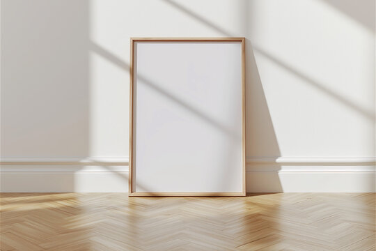 Frame floor mockup blank poster. Wooden wall frame mock up empty print background. Wood picture frame in room. 3d gallery design realistic modern interior