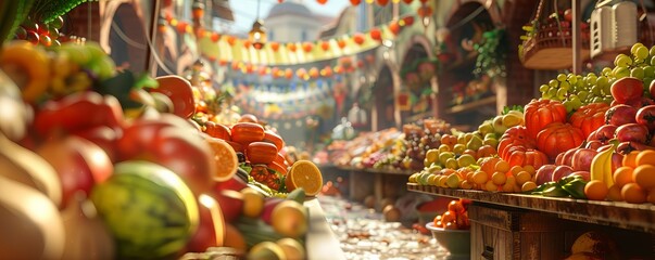 A bustling open-air market with colorful stalls of fresh fruits and vegetables.