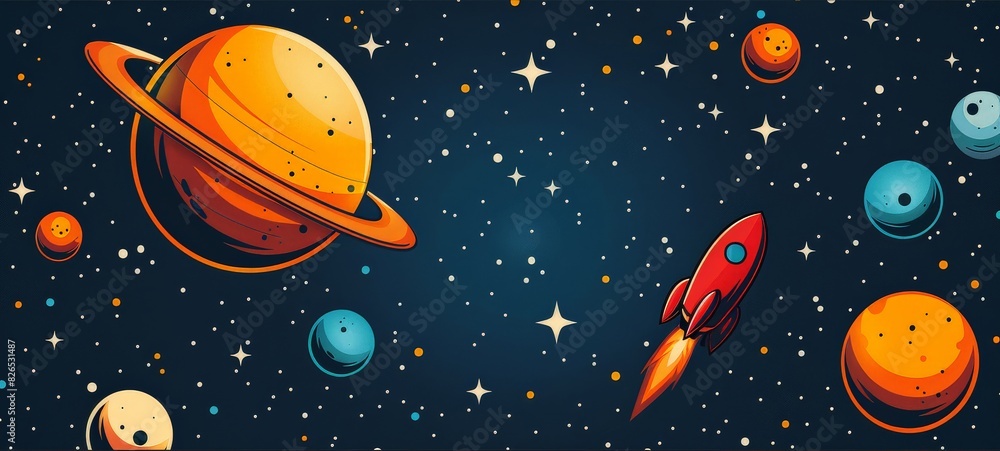 Poster A painting depicting a rocket flying through a space scene with various planets in the background.