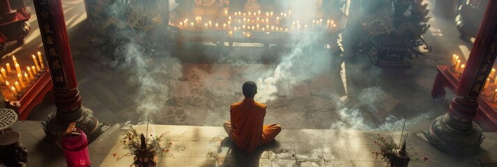 A person is sitting on a ledge in a temple, appearing to be in contemplation with incense smoke around them