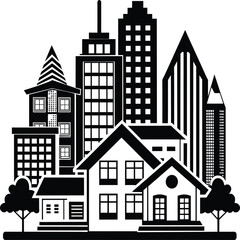 Black and white houses. Stylish high-rise buildings. on white background