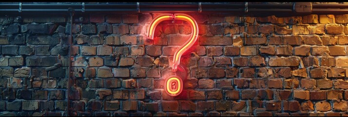 A neon question mark sign mounted on a brick wall, creating a striking contrast in an urban setting