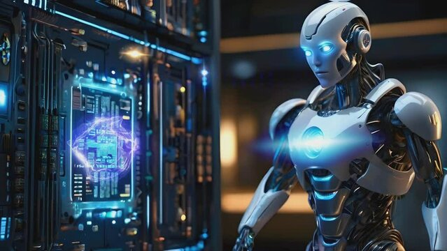 illustration of advances in robot technology programming a system, seamless looping time lapse virtual 4k video animation background