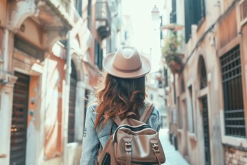 Travel and Skincare: Woman Exploring European City with Day Pack Containing SPF Lotion and Lip Balm