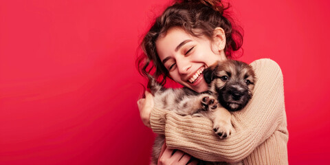 Happy woman in a cozy sweater hugging a cute puppy against a red background