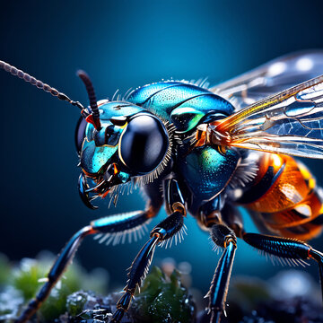 This image shows a male Euglossa bazinga bee, a Euglossine bee found in Brazil. This bee has a bright blue body and wings. and is clinging to the leaves