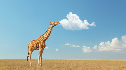 A giraffe stands in the savannah and eats a cloud from the sky.