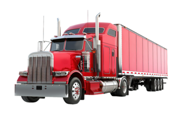 Red semi truck with trailer on transparent background