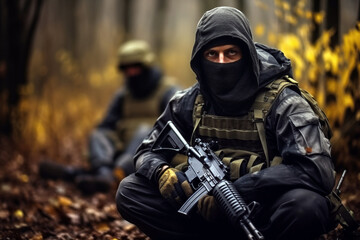 Fototapeta premium Soldiers during the military operation. blurred dark background, anti terrorism military concept.