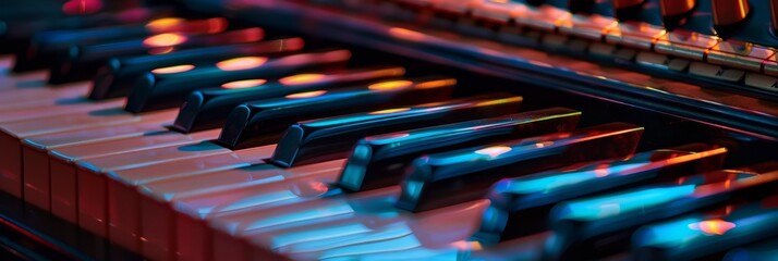 Detailed close up of a piano keyboard with many keys in focus, emphasizing the intricate design and...