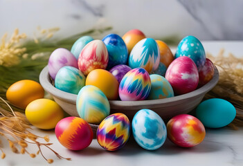 Obraz premium A bowl filled with tie-dyed Easter eggs on a marble table