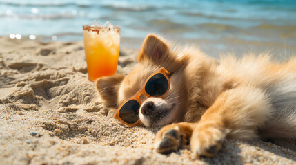 A red spitz dog in sunglasses lies on a sandy beach next to a fruit cocktail. Sunbathing and relaxing on tropical island.