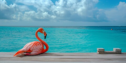 Pink flamingo sitting on a wooden pier with an ocean view in the background. - Powered by Adobe