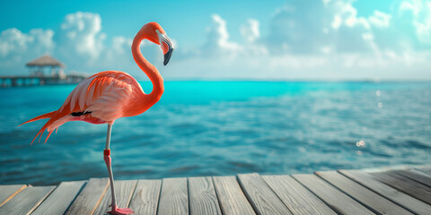 Pink flamingo standing on a wooden pier against the backdrop of turquoise ocean water. - Powered by Adobe