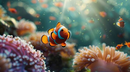 Obraz premium Tropical marine underwater environment featuring a clownfish named Nemo