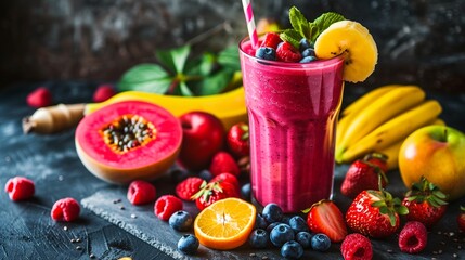 Smoothie with vibrant fruits in a glass, straws and fresh ingredients on display.