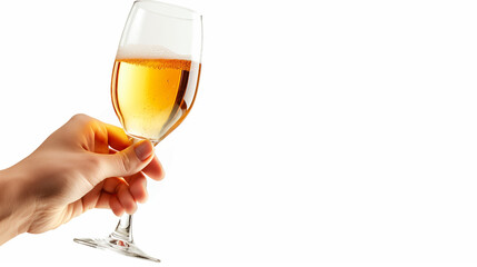 Glass of apple cider in hand on white background.