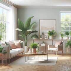 A living Room with a mockup poster empty white and with a couch and chairs and a table art card design used for printing image.