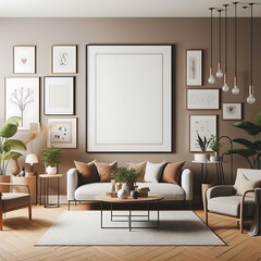 A living Room with a mockup poster empty white and with a couch and chairs art image print design realistic.