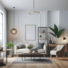 A living Room with a mockup poster empty white and with a couch and chairs art image used for printing harmony image.