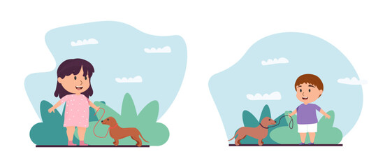 Love and friendship between child and pet. Take care a pet. Love domestic pets. flat vector illustration