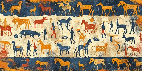 Cave art seamless pattern made of ancient wild animals, horses and hunters. Rock paintings. Hunting scenes. palaeolithic Petroglyphs carved in rocks. Stones with petroglyphs
