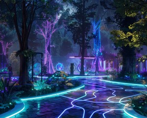 A futuristic park with bioluminescent plants and interactive holograms