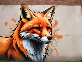 Fox Stencil Art, Spray Painted on Brick Wall, Urban Street Art