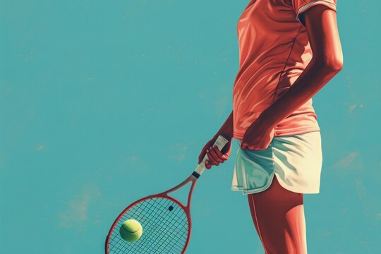 A digital illustration of a female tennis player ready to serve, great for sports apparel and active lifestyle campaigns.llustration, background with copy space, tenniscore, athletic aesthetic -