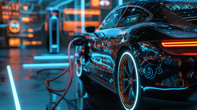 Close-up of an electric car charging, featuring a futuristic digital interface displaying vehicle and battery details.
