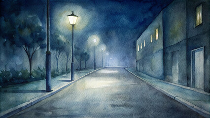 An illustration of empty street in the midnight surrounded by fog