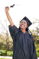 Young, woman and graduation with winning in outdoor for education, success for future with...