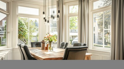 bright dining room featuring a wooden table, black high-back chairs, and a contemporary chandelier, bathed in natural light from large bay windows