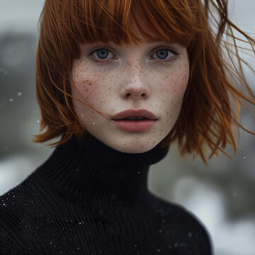 Ritratto fotografico di ragazza nordica con capelli rossi e frangetta, occhi blu polvere su sfondo artico, texture della pelle con lentiggini. Stile fashion.