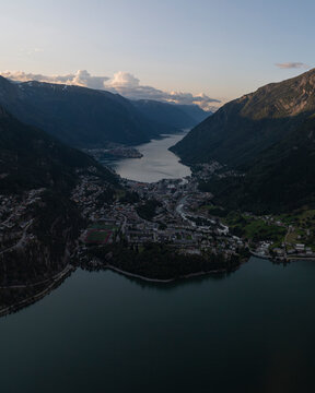 Aerial view of Sandvin Lagoon with glacier in Folgefonna National Park, Odda, Vestland, Norway.