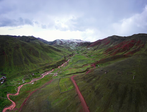 Aerial view of Palccoyo Mountain, Rainbow Mountain, Checacupe, Peru.